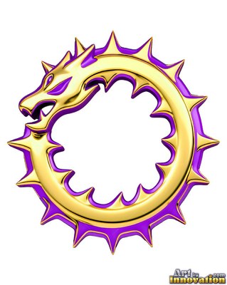 Curling into a circle, a spiky gold dragon emblem has bright purple edges