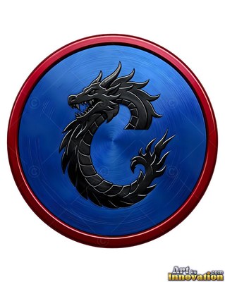 Dark dragon coiled on a round blue metal medallion with red trim