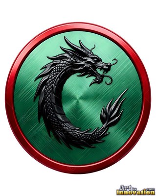 Curled black scales form a dragon inside a green medallion with a red rim