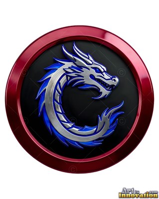 A dragon in silver coils in a red circle, outlined in bright blue light