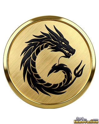 Curled in a circle on a brushed gold medallion, a dragon in black snarls