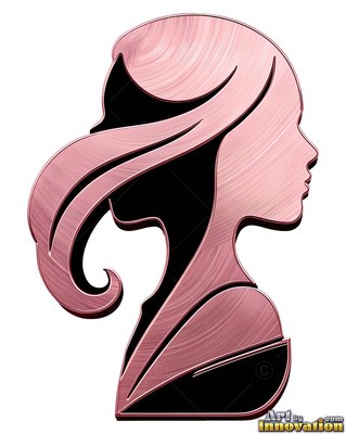 On a white background, a metallic pink profile of a woman faces right
