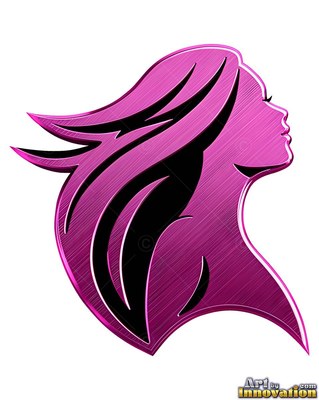 Looking upward in profile, a woman with flowing hair is cut from brushed pink metal
