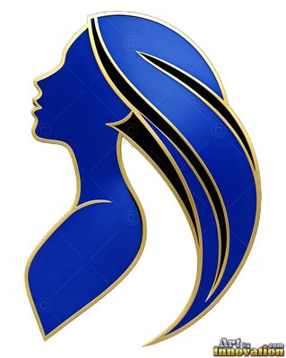 Woman shown in profile with long hair in blue and gold trim