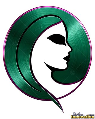 Curved teal metal hair surrounds a woman in profile on a circular badge