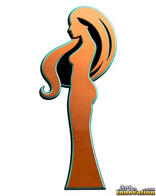 A copper metal cutout of a standing woman in profile with long sweeping hair