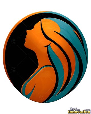 Inside a round frame, an orange and teal metal woman looks up in profile
