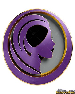 Facing right in profile, a purple metal woman is framed inside a round gold medal