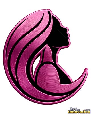 Long pink metallic hair curves around a woman seen from the side against a plain white space
