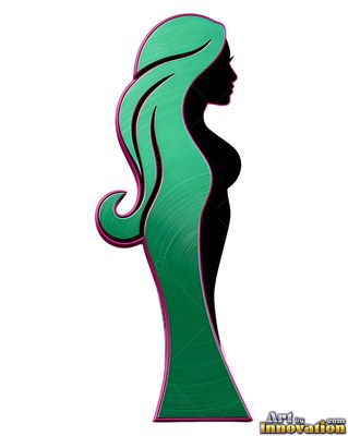 A woman stands in profile with brushed green hair edged in magenta lines