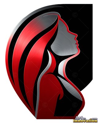 Side view of a woman on a clear background, looking upward with sleek red hair