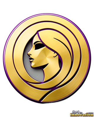 A gold metal woman in profile inside a round purple border