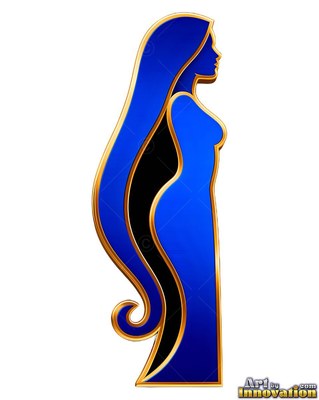 On a plain blank white backdrop, a blue metal woman stands in profile with gold trim