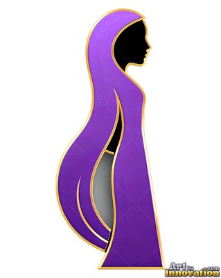 Standing in profile, a woman appears as a purple silhouette with gold trim