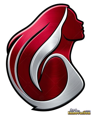 Woman shown from the side made of brushed red and silver metal shapes
