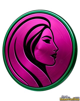 Long pink hair flows down a woman seen from the side on a round metallic medal with a green rim