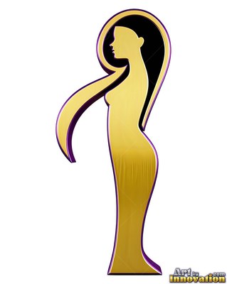 A stylized woman stands in profile, shaped from smooth gold metal with purple edges