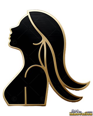 Facing left against a white backdrop, a black silhouette of a woman with gold trim
