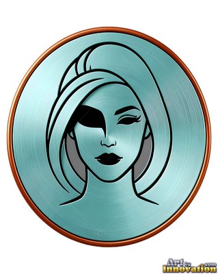A woman with hair over one eye on a round teal metal badge