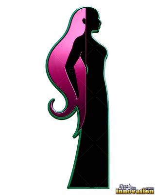 On a plain background, a woman stands in profile with long pink hair and a black gown