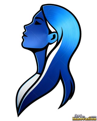 Looking upward with closed eyes, a woman appears in profile with metallic blue hair