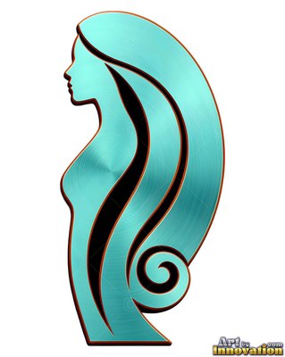 Woman in side profile in teal brushed metal
