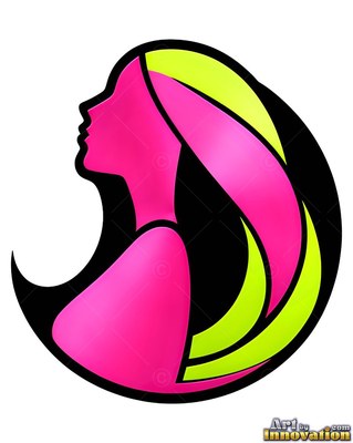 Pink woman seen from the side with sweeping lime yellow hair on a plain solid white field