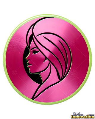 A woman faces left inside a circular pink metal badge bordered in light green