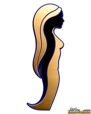In right profile against a solid white field, a gold metal woman with long hair