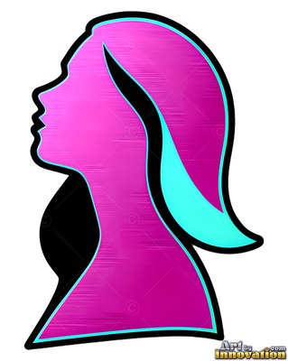 Profile of a woman with swept-back hair in pink and blue brushed metal
