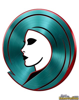 Inside a round teal metal frame, a woman appears in profile with black lips