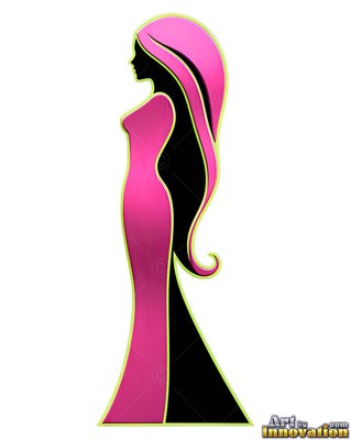 Standing in profile, a slender woman wears a long pink dress beside black shadows