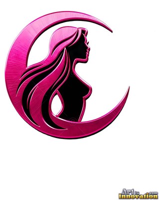 Long pink hair curves behind a woman seen in profile on a white background