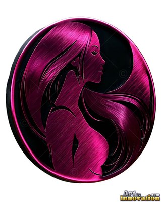 Profile of a woman with long hair inside a round metallic emblem in pink and black
