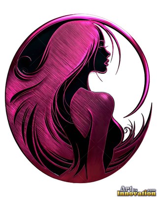 A metallic pink woman in profile with long hair inside a round frame