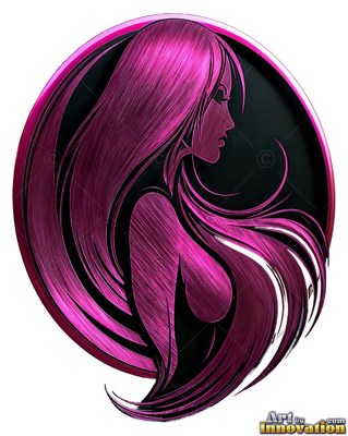 Inside a round black frame, a woman seen from the side has sweeping magenta hair
