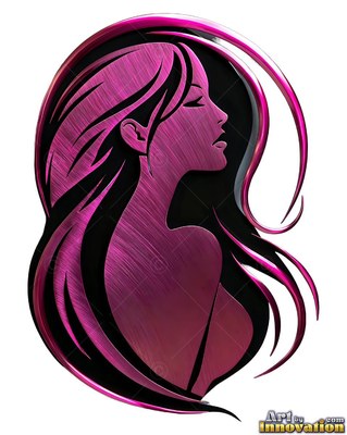 Facing right in profile, a woman appears in brushed pink metal with black hair