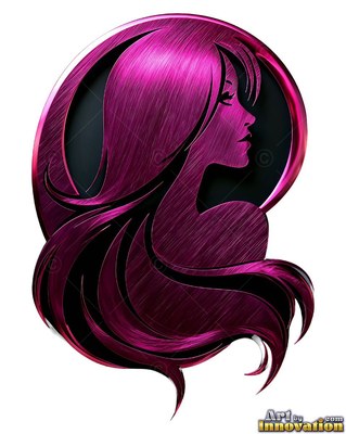 Swe eping magenta metallic hair frames a woman turned to the side inside a black circular frame on white