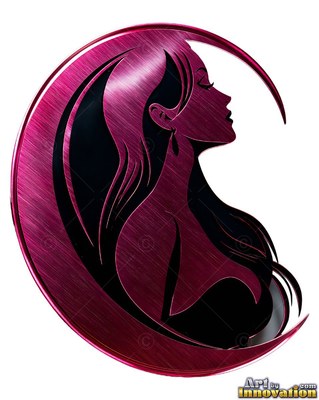 A woman faces right in profile, her sweeping hair curving in shiny magenta brushed metal