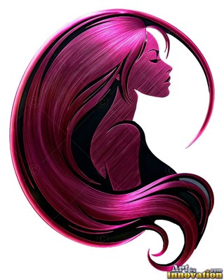 In profile on a white background, a woman in metallic pink with long hair