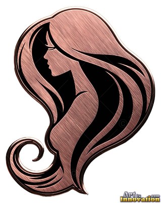 A side view woman seen from the side cut from brushed copper metal with long hair