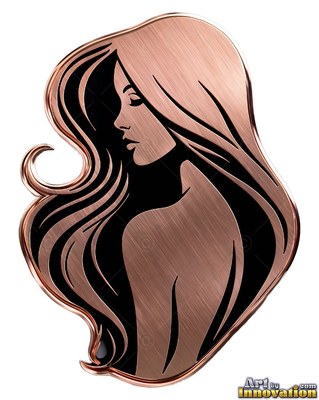 On a plain white backdrop, a woman in profile made of brushed copper metal