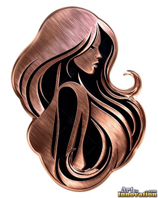 Facing right in profile, a woman with long copper metal hair curves downward