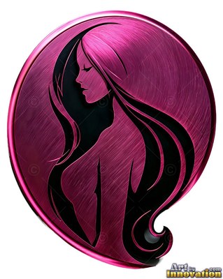 Long black hair flows past a woman carved in pink brushed metal against plain white