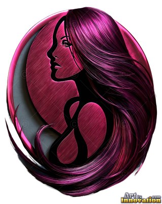 Facing left in a metallic oval, a woman has long flowing magenta hair