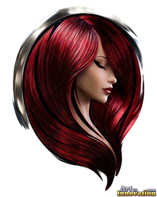 A woman facing sideways has shiny red hair framed by a silver crescent