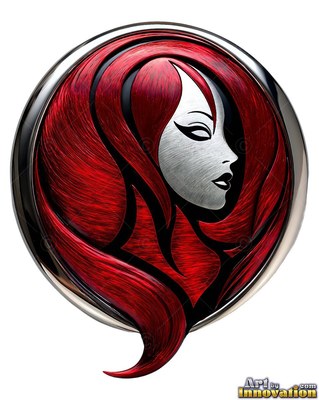 Inside a round silver medallion, a woman appears in profile with red hair