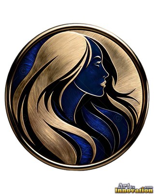 Facing right in profile, a woman appears inside a round metal emblem in gold and dark blue