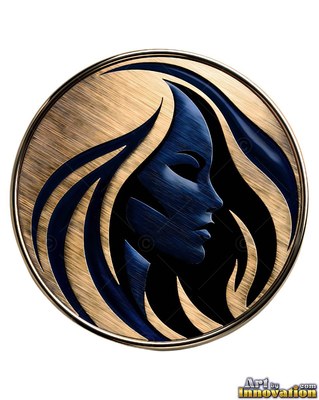 Metal emblem of a woman profile in blue and gold