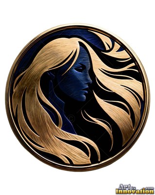 Long brushed gold hair sweeps around a shadowed blue woman inside a round metal medallion